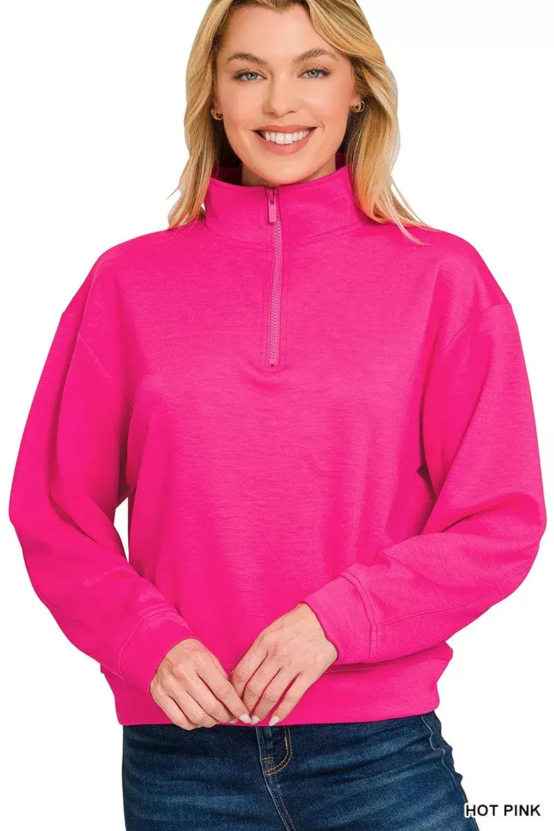 Zenana Scuba Half Zip Pullover Sweatshirt - Trendsi - Flyclothing LLC