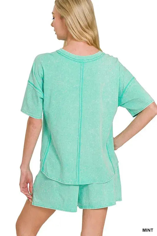 Zenana Acid Washed Short Sleeve Tee & Shorts Set - Trendsi - Flyclothing LLC