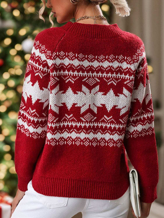 Perfee Geometric Round Neck Long Sleeve Sweater - Trendsi - Flyclothing LLC