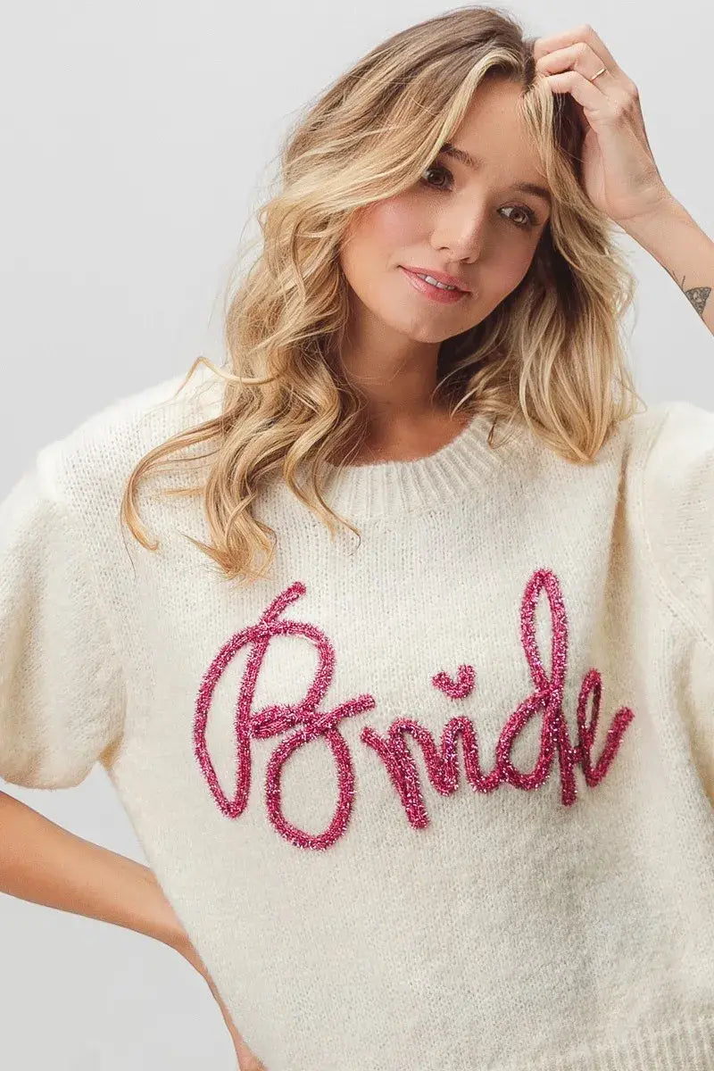 BiBi Metallic Letter Short Puff Sleeve Hairy Sweater - Trendsi - Flyclothing LLC