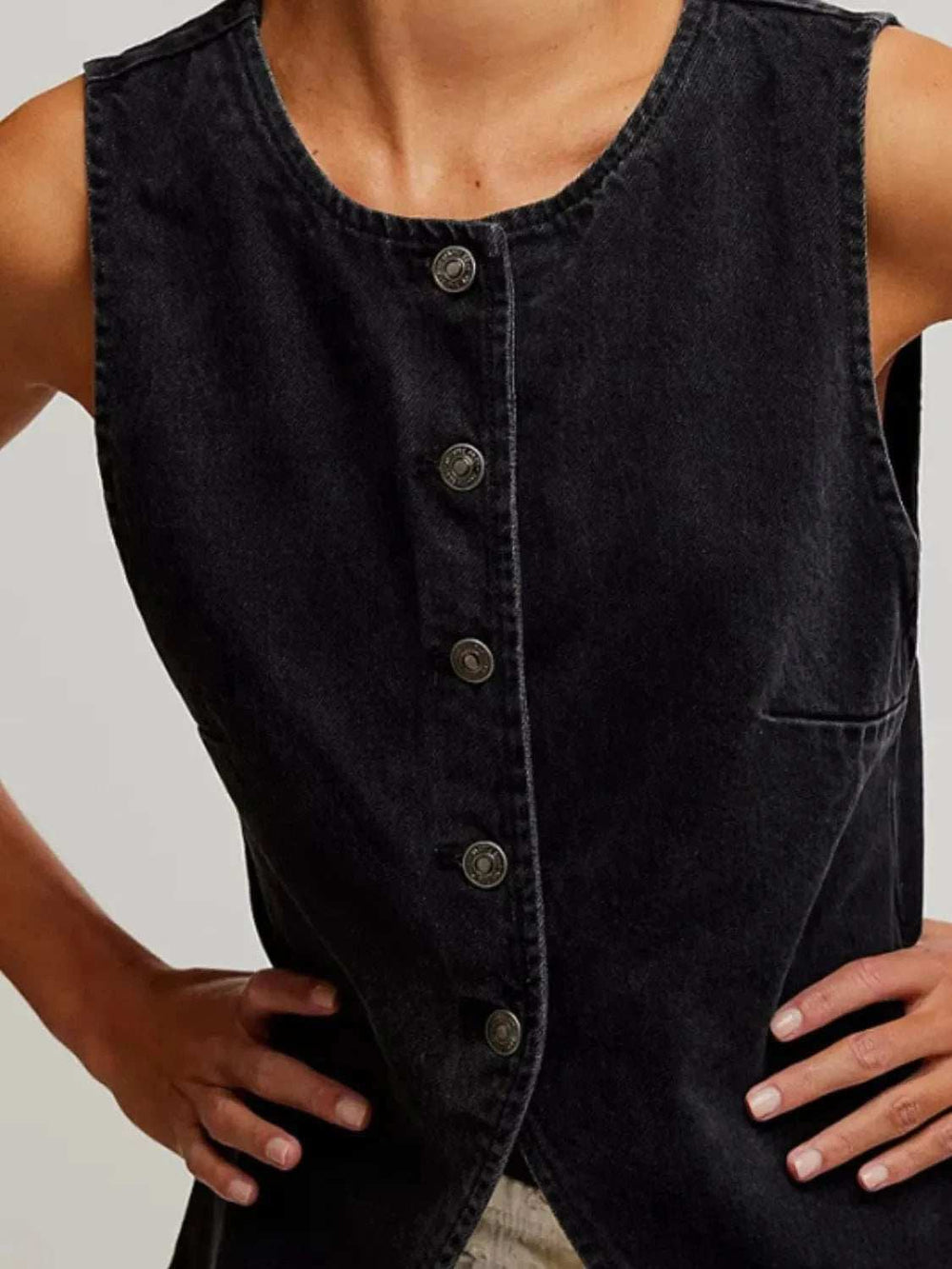 Button Down Round Neck Denim Vest - Trendsi - Flyclothing LLC