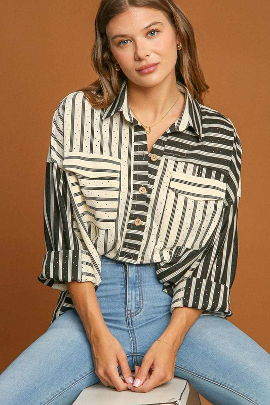 Umgee Full Size Pointelle Stripped Half Button Collared Neck Top Plus Size - Trendsi - Flyclothing LLC