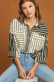 Umgee Full Size Pointelle Stripped Half Button Collared Neck Top Plus Size - Trendsi
