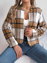 Plaid Open Front Long Sleeve Jacket - Trendsi - Flyclothing LLC