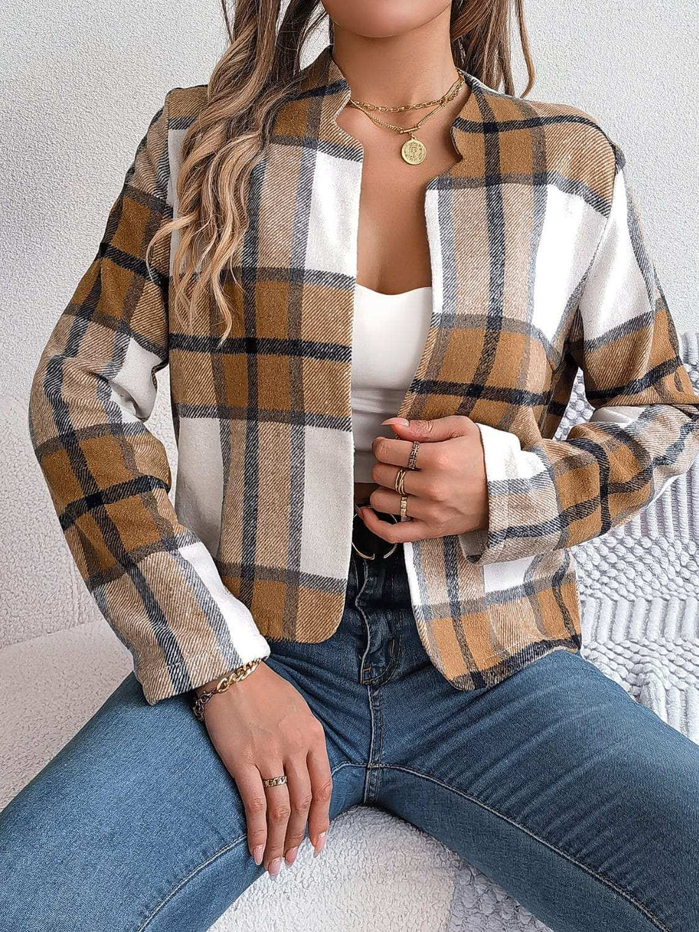 Plaid Open Front Long Sleeve Jacket - Trendsi - Flyclothing LLC