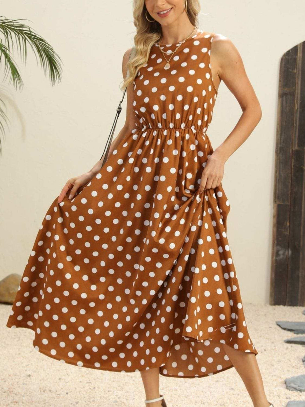 Polka Dot Round Neck Sleeveless Midi Dress - Trendsi - Flyclothing LLC