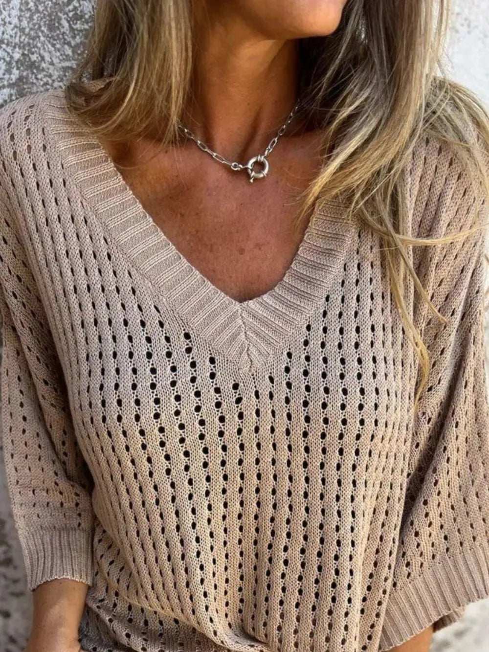 Full Size Openwork V-Neck Knit Cover Up Plus Size - Trendsi - Flyclothing LLC