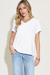Basic Bae Full Size V-Neck High-Low T-Shirt - Trendsi - Flyclothing LLC