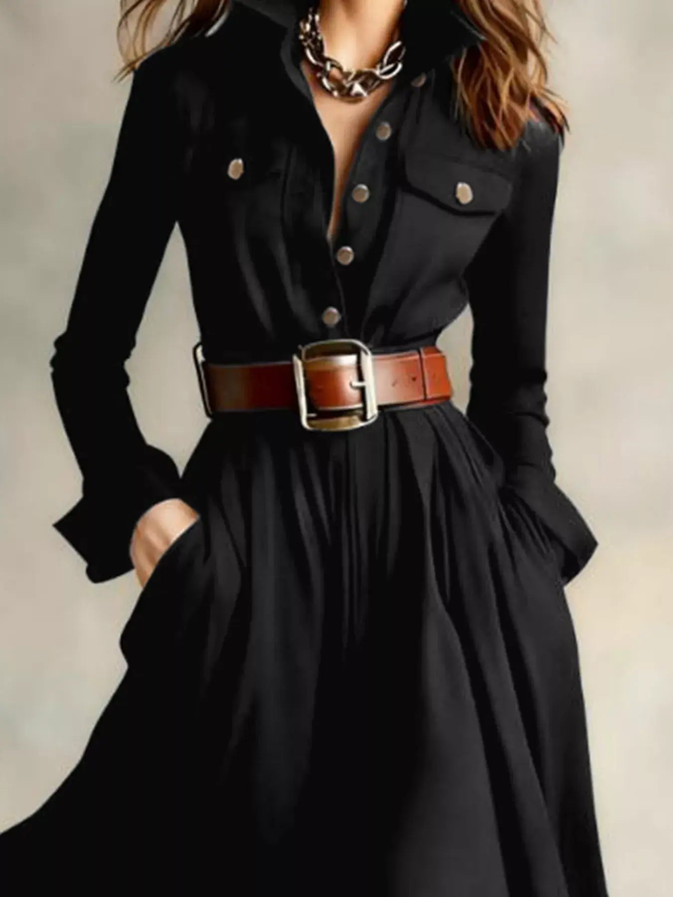 Button Front Long Sleeve Maxi Dress - Trendsi - Flyclothing LLC