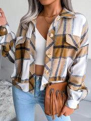 Plaid Collared Neck Long Sleeve Jacket - Trendsi
