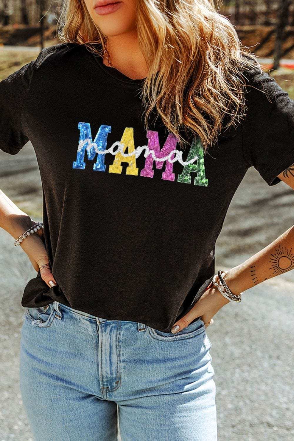 Sequin MAMA Round Neck Short Sleeve T-Shirt - Trendsi - Flyclothing LLC