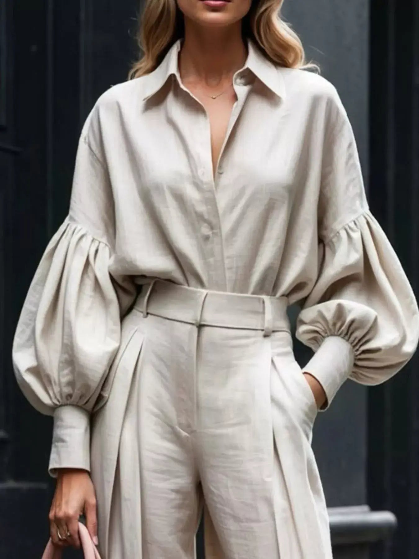 Lantern Sleeve Shirt and Wide Leg Pants Set - Trendsi - Flyclothing LLC
