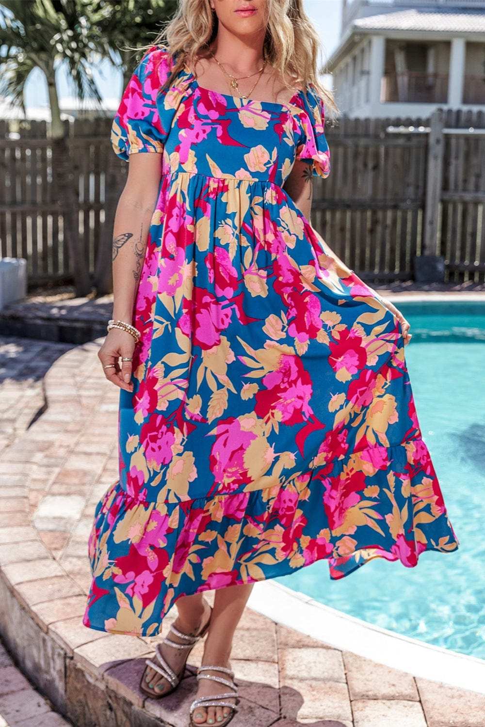 Printed Square Neck Short Sleeve Midi Dress - Trendsi - Flyclothing LLC