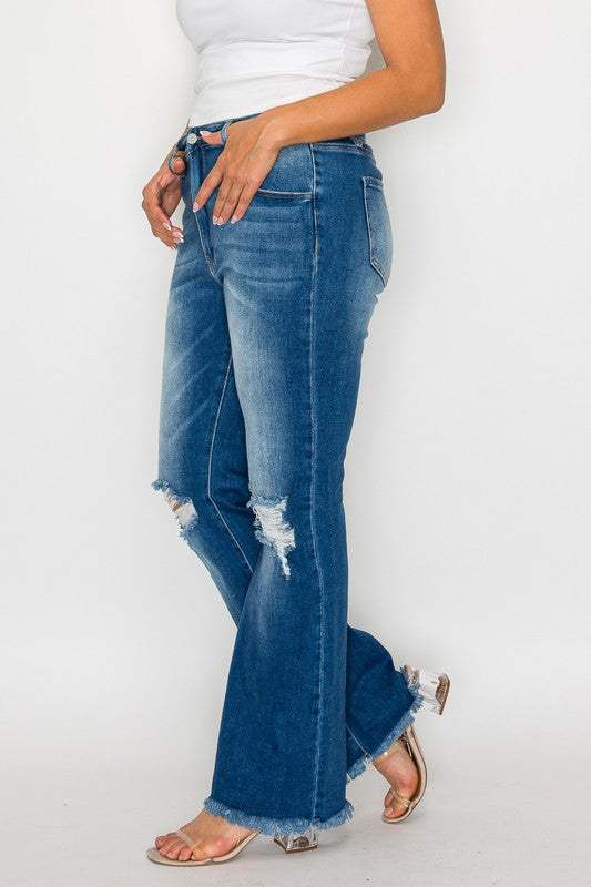 bytos Full Size Raw Hem Distressed High Rise Bootcut Jeans - Trendsi - Flyclothing LLC