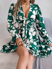 Tied Ruffled Printed Long Sleeve Dress - Trendsi