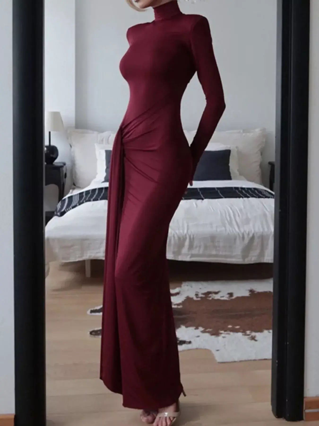 Turtleneck Long Sleeve Slit Maxi Dress - Trendsi - Flyclothing LLC