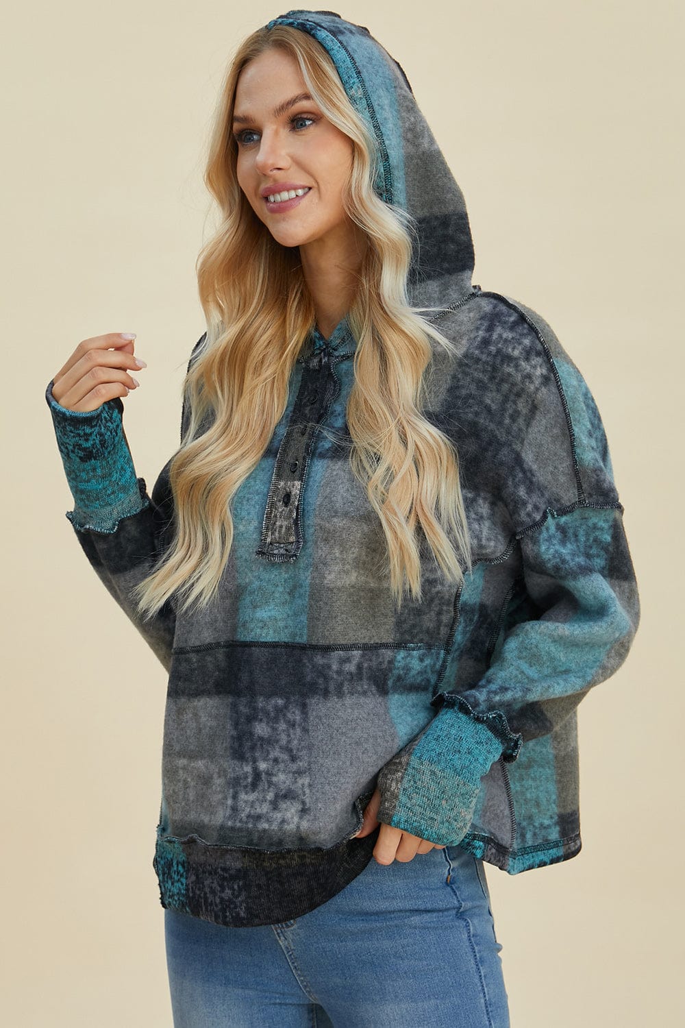 Double Take Full Size Plaid Dropped Shoulder Hoodie - Trendsi
