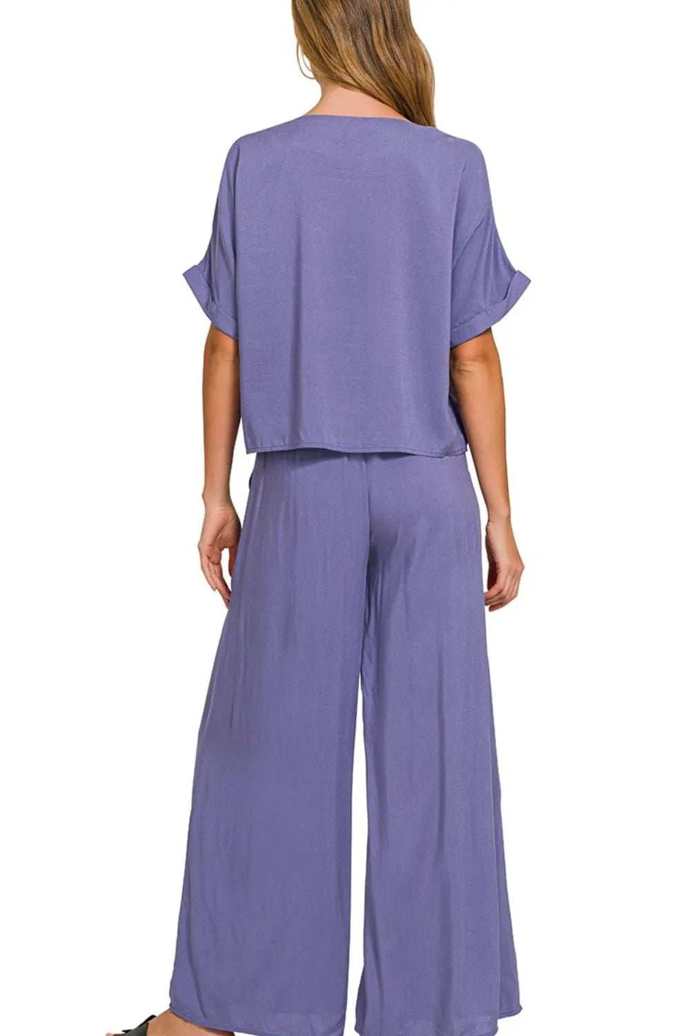 Zenana Round Neck T-Shirt and Wide Leg Pants Set - Trendsi - Flyclothing LLC
