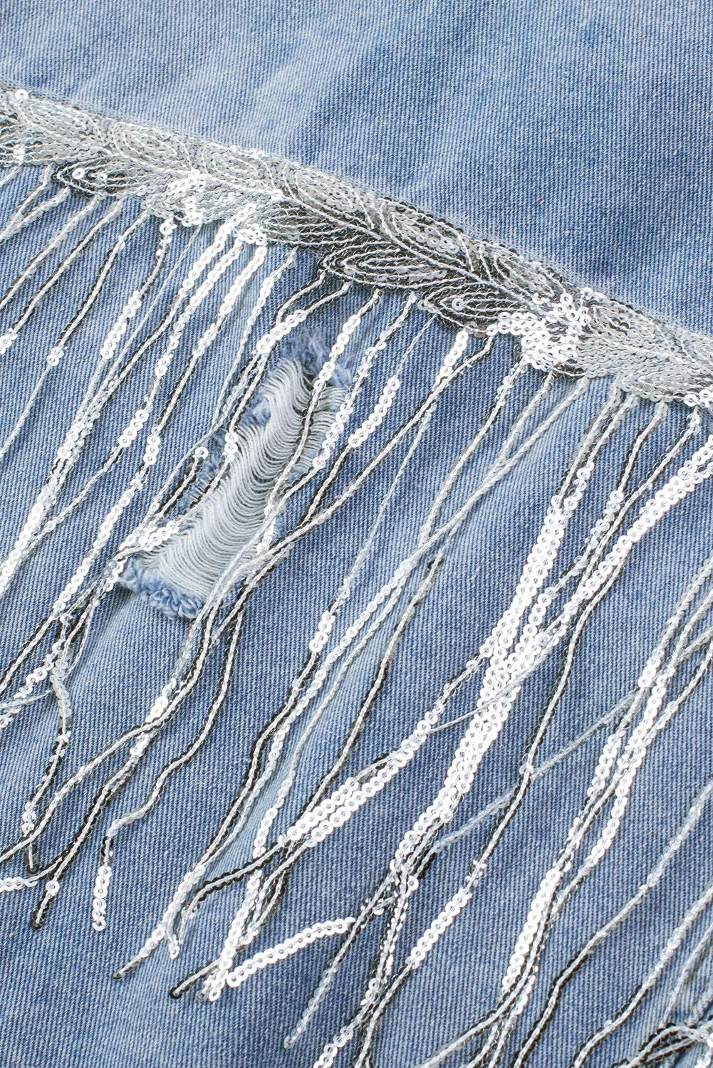 Sequin Fringe Trim Distressed Button Up Denim Jacket - Trendsi - Flyclothing LLC