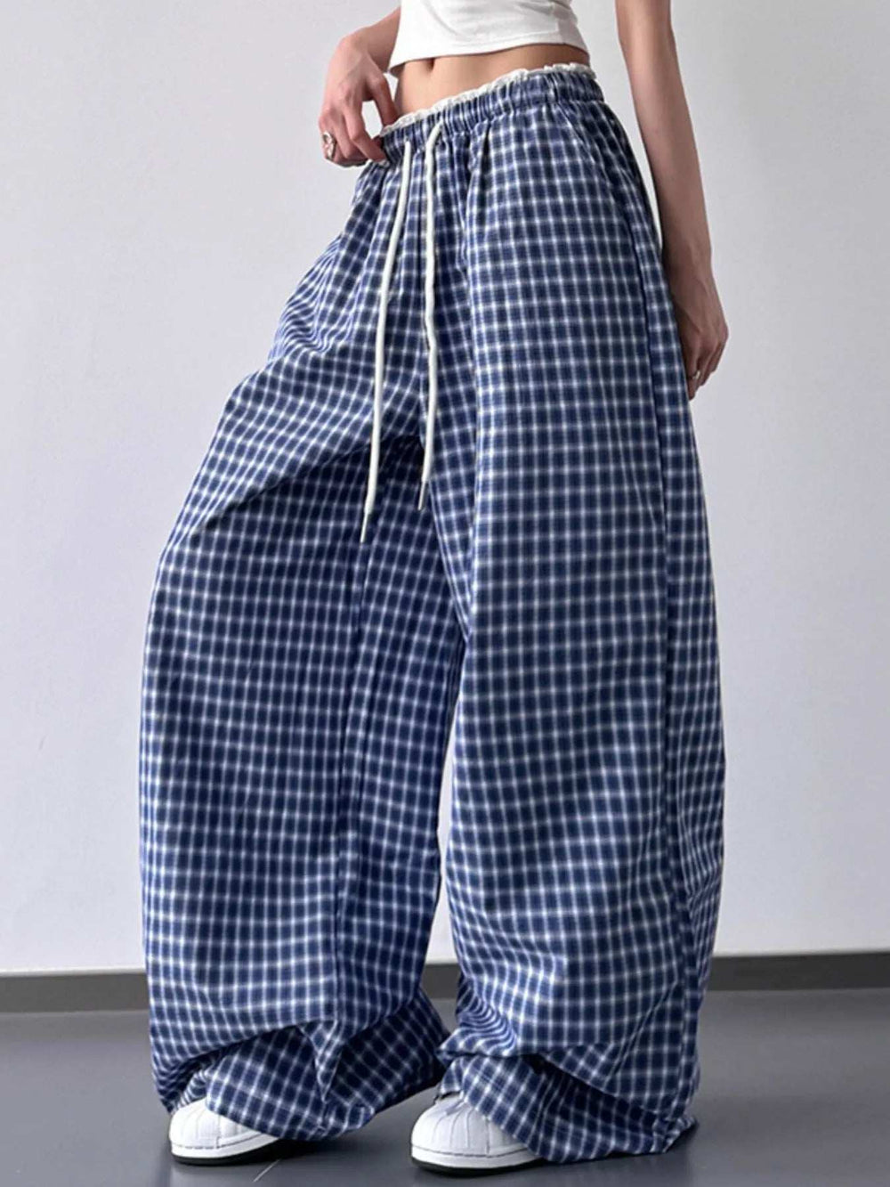 Drawstring Plaid Wide Leg Pants - Trendsi - Flyclothing LLC