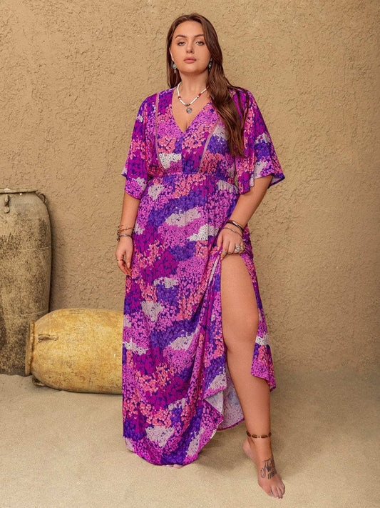 Plus Size Slit Printed Half Sleeve Maxi Dress - Trendsi - Flyclothing LLC