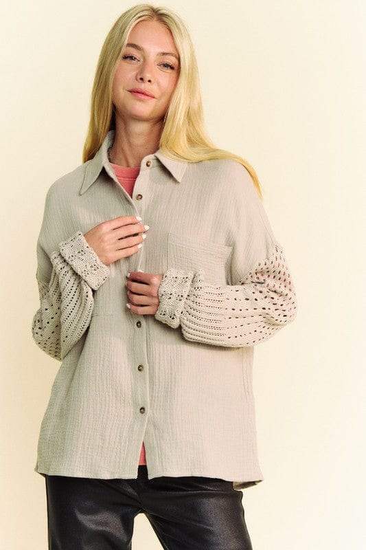 Davi & Dani Crochet Sleeve Crinkled Texture Shirt - Trendsi - Flyclothing LLC
