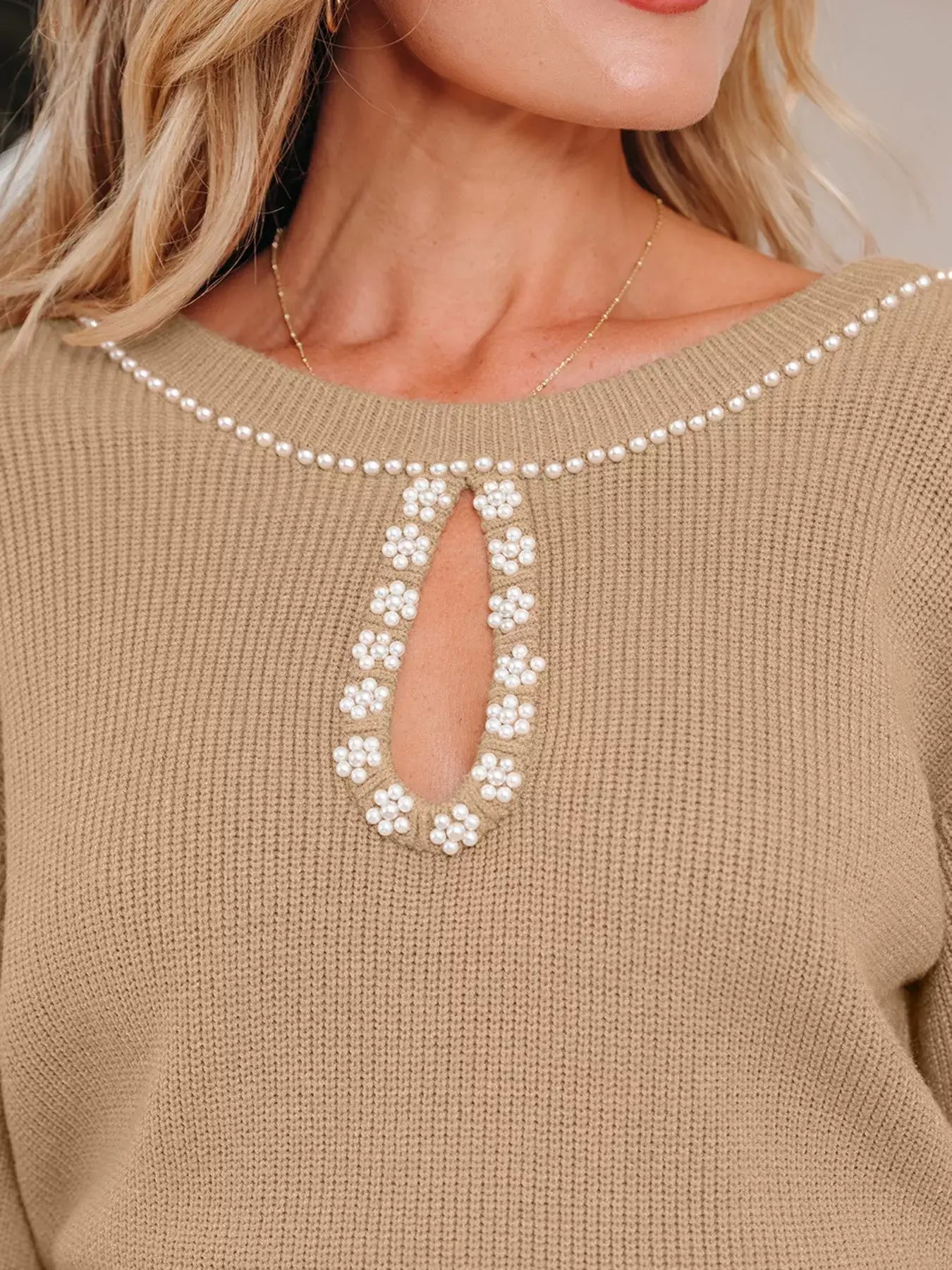 Pearl Embellished Keyhole Ribbed Sweater Dress - Trendsi - Flyclothing LLC