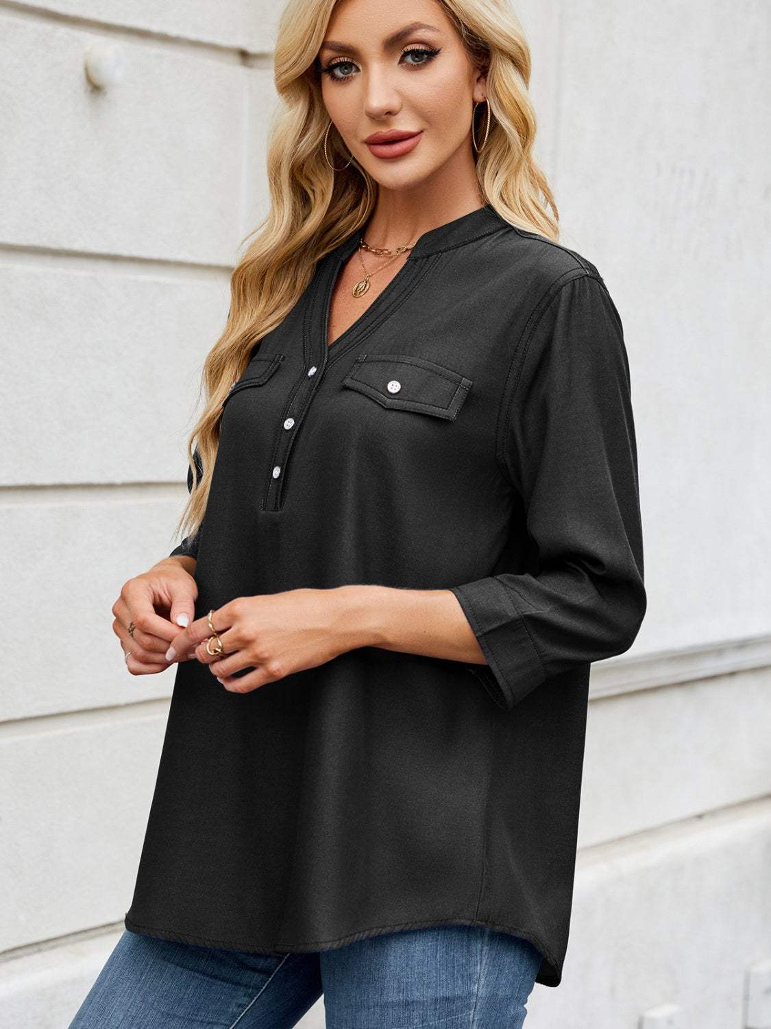 Notched Three-Quarter Sleeve Denim Top - Trendsi - Flyclothing LLC