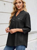 Notched Three-Quarter Sleeve Denim Top - Trendsi - Flyclothing LLC
