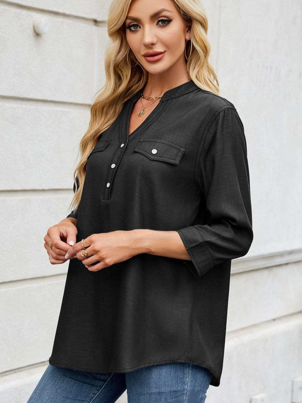 Notched Three-Quarter Sleeve Denim Top - Trendsi - Flyclothing LLC