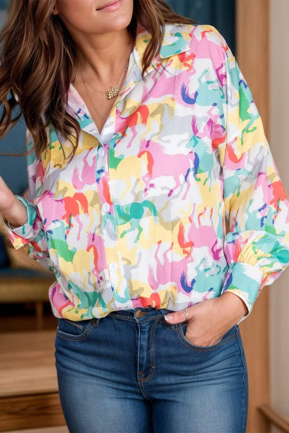 Horse Print Collared Neck Long Sleeve Shirt - Trendsi - Flyclothing LLC