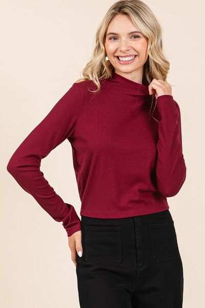 Mittoshop Mock Neck Rib Knit Long Sleeve Crop Top - Trendsi - Flyclothing LLC