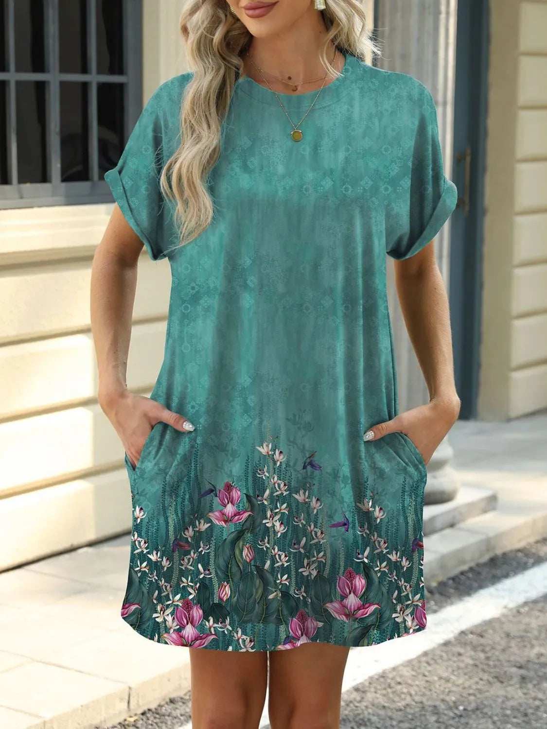 Printed Round Neck Short Sleeve Mini Dress - Trendsi - Flyclothing LLC