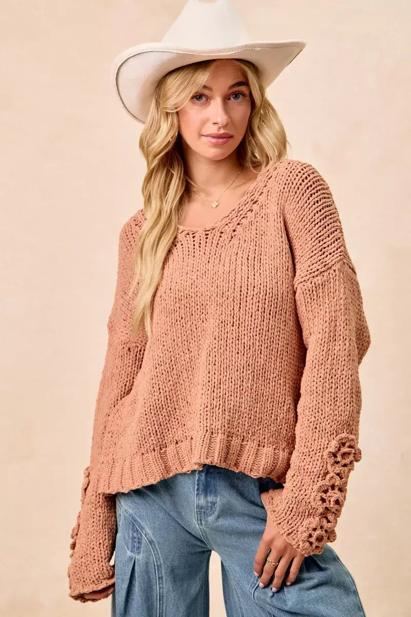 BiBi Chunky Knit Sweater with Flower Detail Sleeves - Trendsi - Flyclothing LLC