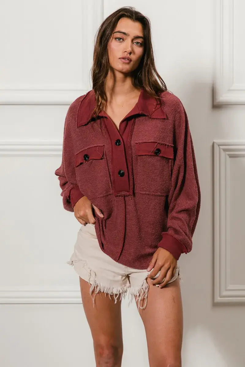 BiBi Cp French Terry Cut Edge Detail Collared Top - Trendsi - Flyclothing LLC