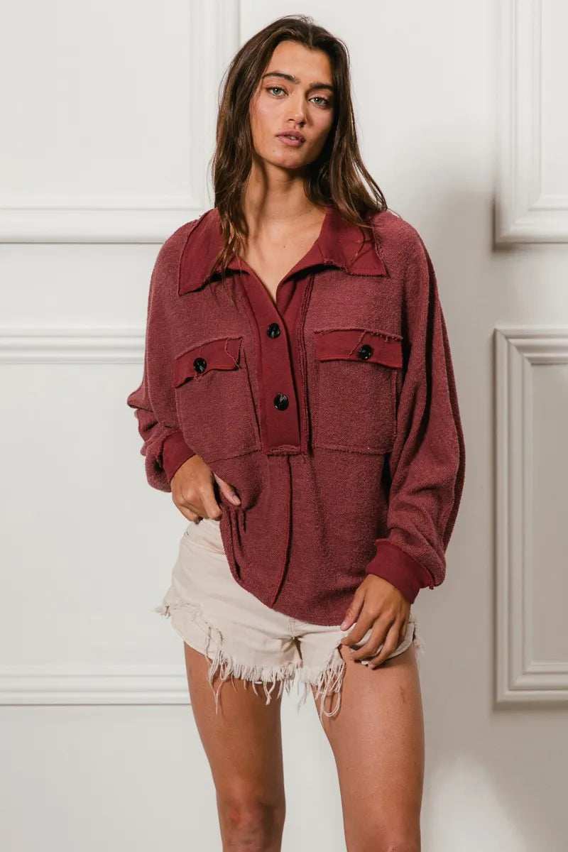 BiBi Cp French Terry Cut Edge Detail Collared Top - Trendsi - Flyclothing LLC