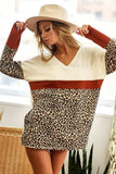 BiBi Waffle Knit Leopard Color Block V-Neck Top - Trendsi - Flyclothing LLC