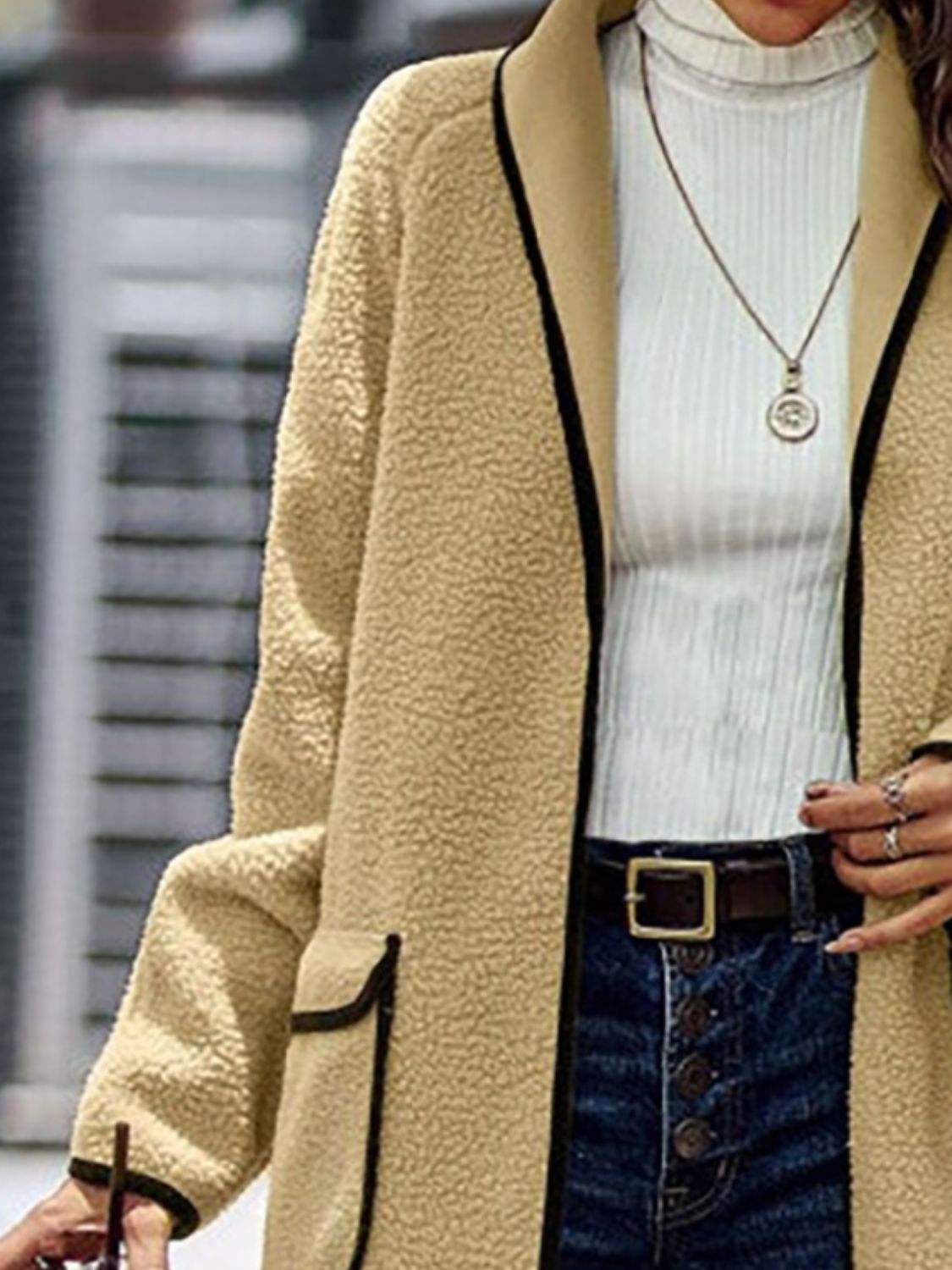 Full Size Contrast Trim Long Sleeve Coat with Pockets - Trendsi - Flyclothing LLC