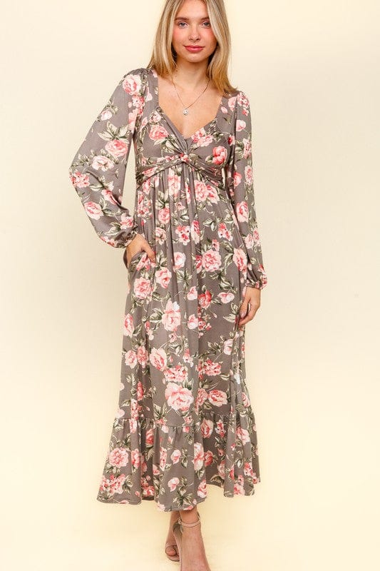 Haptics Twisted Detail Ruffled Hem Floral Dress with Side Pockets - Trendsi