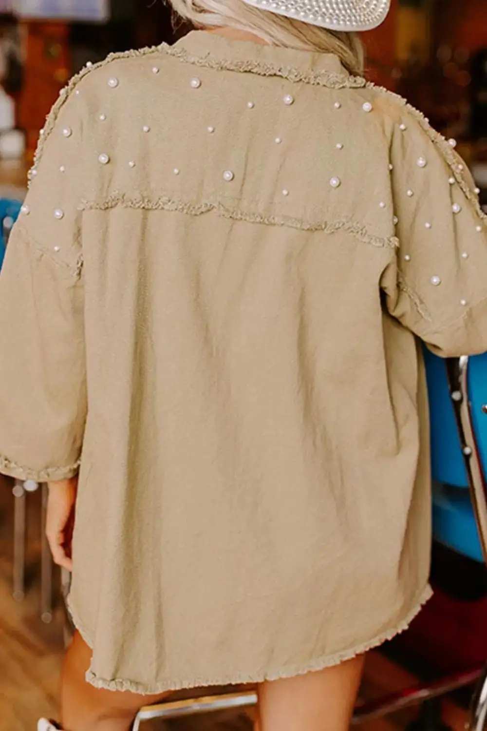 Raw Hem Pearl Trim Dropped Shoulder Denim Jacket - Trendsi - Flyclothing LLC