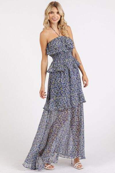 Mittoshop Ruffled Smocked Floral Halter Neck Maxi Dress - Trendsi - Flyclothing LLC