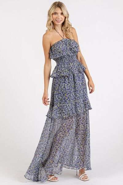 Mittoshop Ruffled Smocked Floral Halter Neck Maxi Dress - Trendsi - Flyclothing LLC