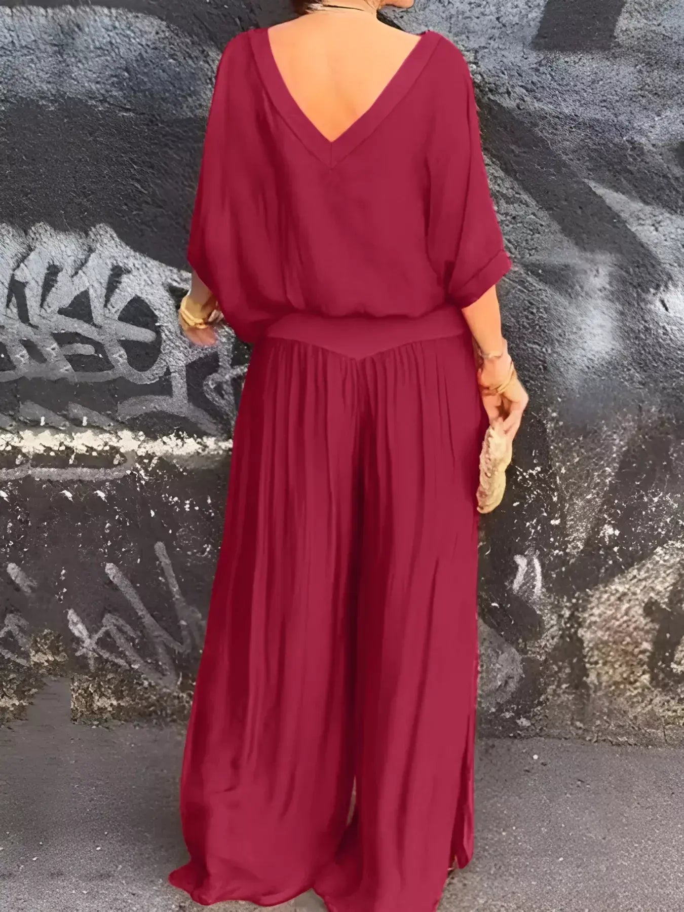 V-Neck Top and Wide Leg Pants Two-Piece Set - Trendsi - Flyclothing LLC