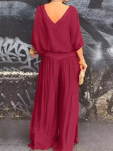 V-Neck Top and Wide Leg Pants Two-Piece Set - Trendsi - Flyclothing LLC