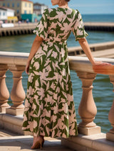 Tied Slit Printed Half Sleeve Midi Dress - Trendsi - Flyclothing LLC