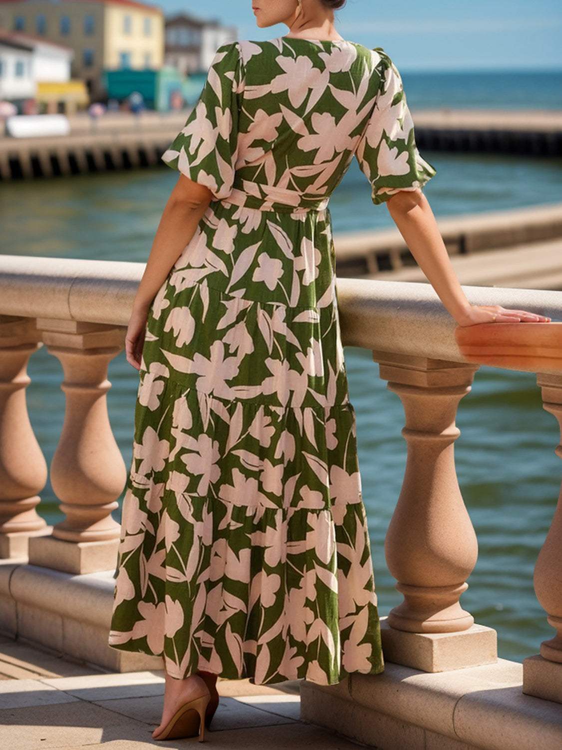 Tied Slit Printed Half Sleeve Midi Dress - Trendsi - Flyclothing LLC