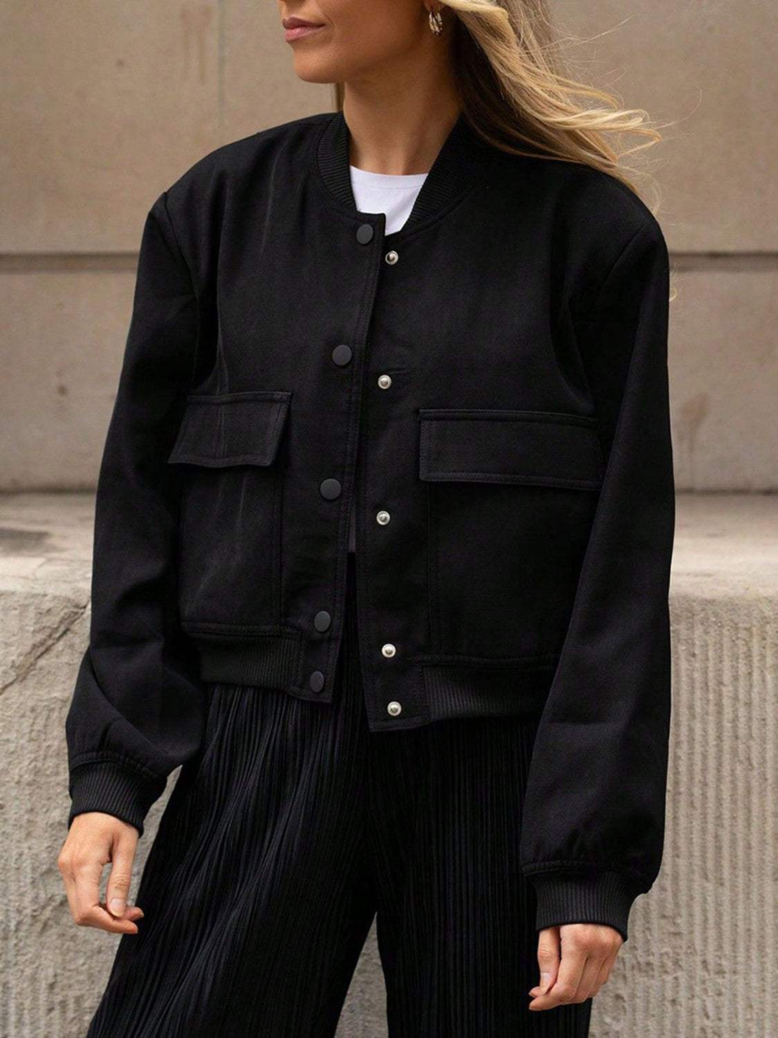 Pocketed Snap Down Baseball Collar Jacket - Trendsi - Flyclothing LLC