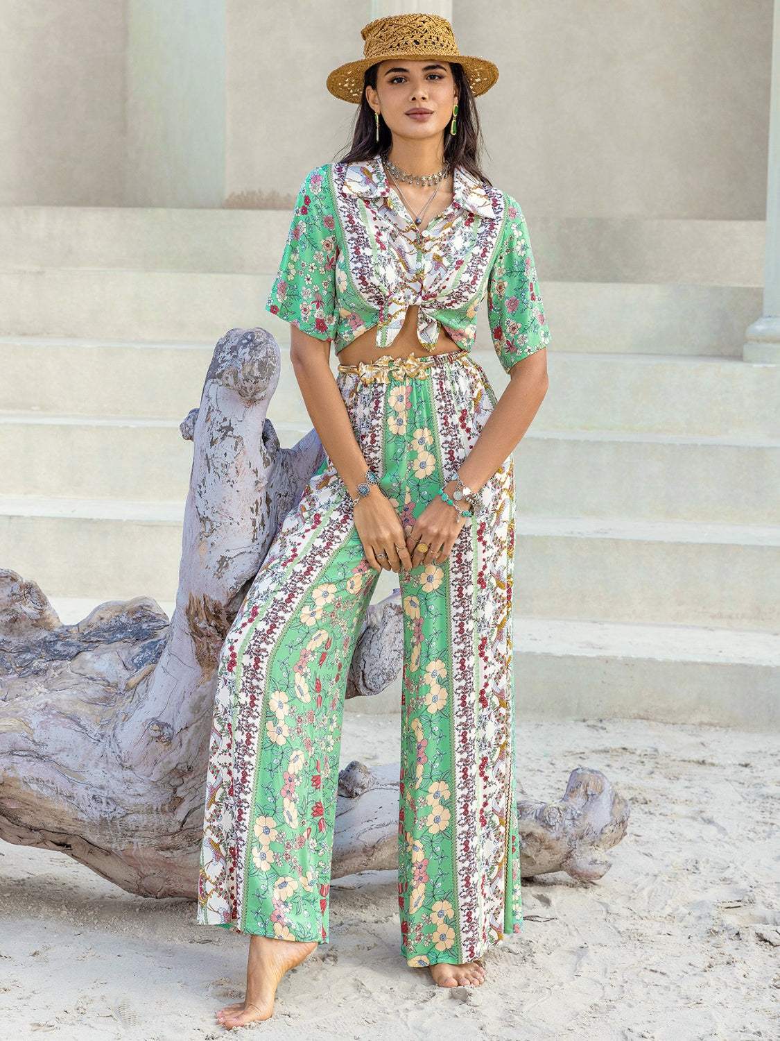 Printed Half Sleeve Top and Wide Leg Pants Set - Trendsi - Flyclothing LLC
