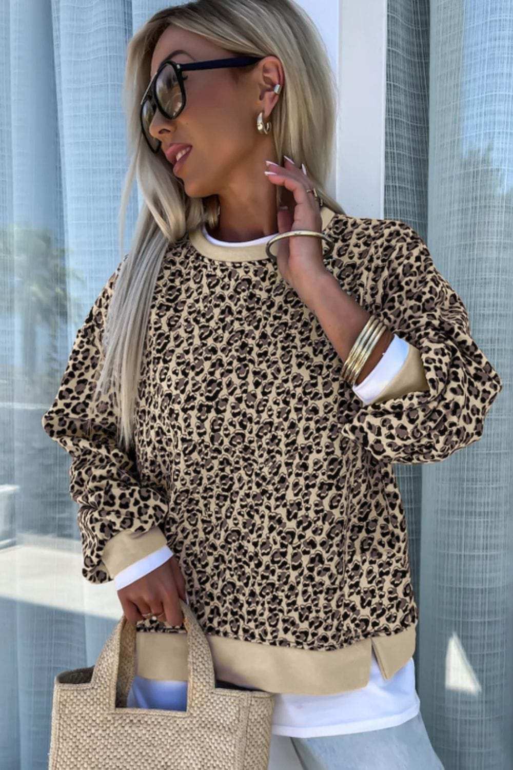 Slit Leopard Round Neck Long Sleeve Sweatshirt - Trendsi - Flyclothing LLC