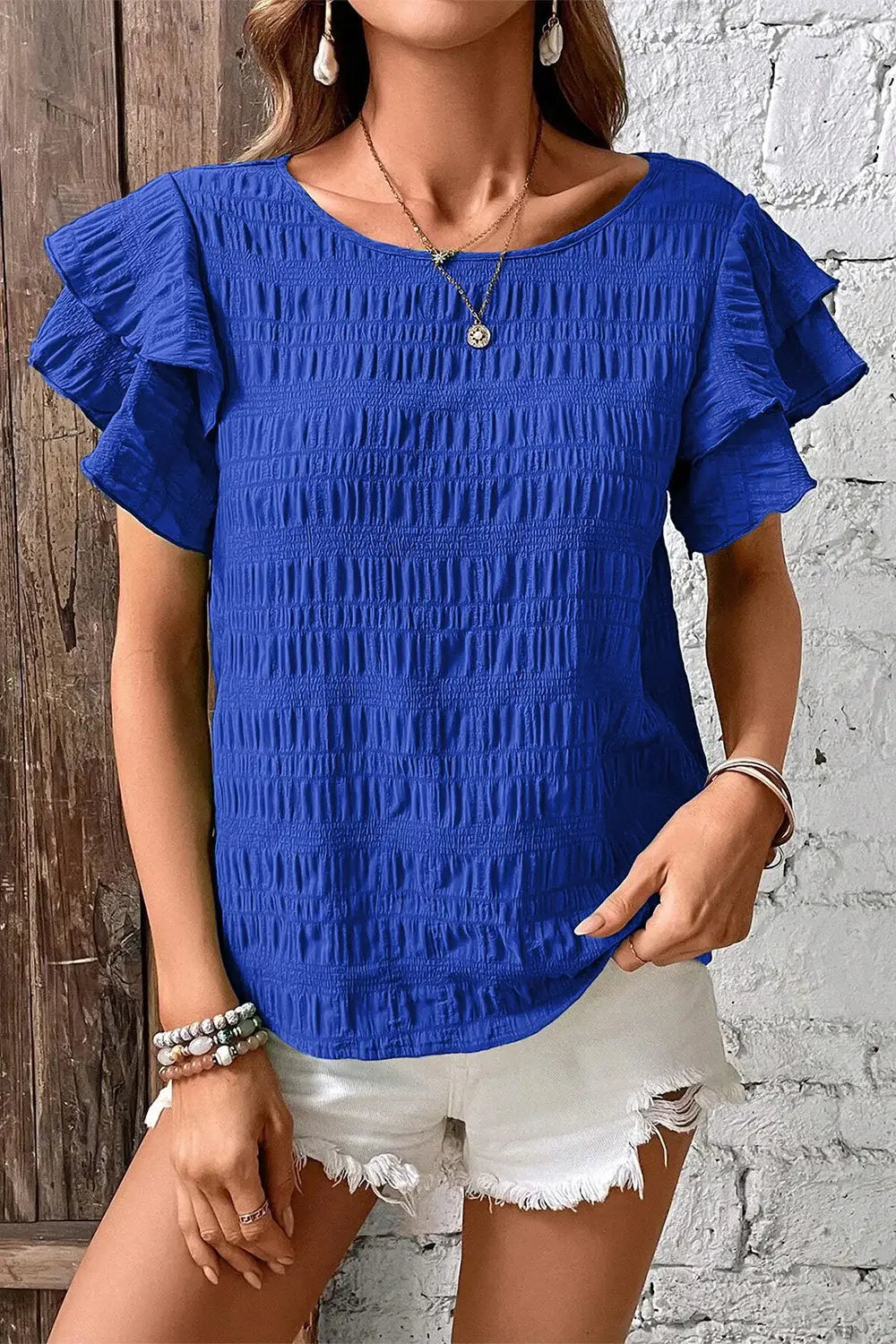 Round Neck Ruffle Sleeve Blouse - Trendsi - Flyclothing LLC